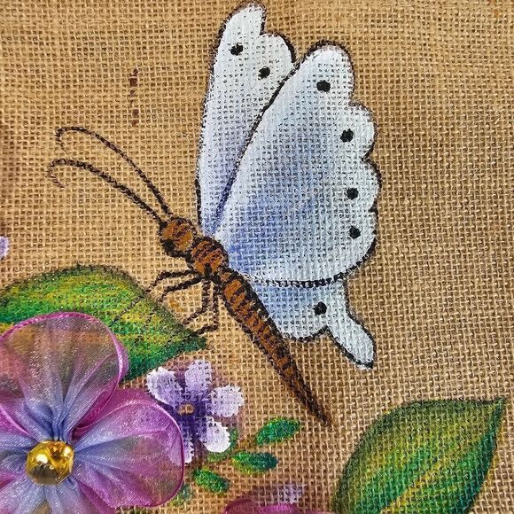 Hand-Made Bags Jute Craft-Fabric Ribbon Flowers Hand Painted Butterfly Gift New - Picture 5 of 7